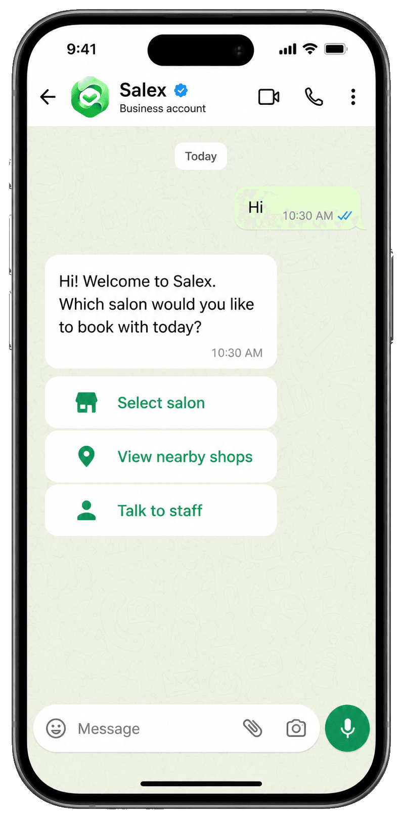 WhatsApp booking flow service selection screen
