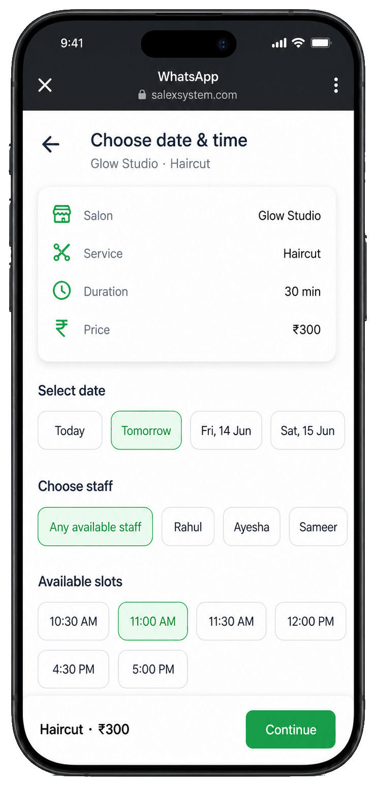 WhatsApp booking flow appointment confirmation screen